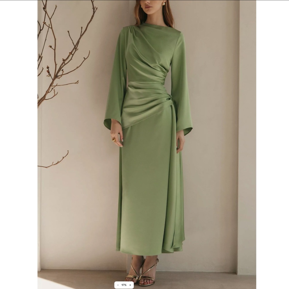 Lichi Arabia Maxi Satin Dress with Asymmetrical Draping Long Sleeves Sage Green